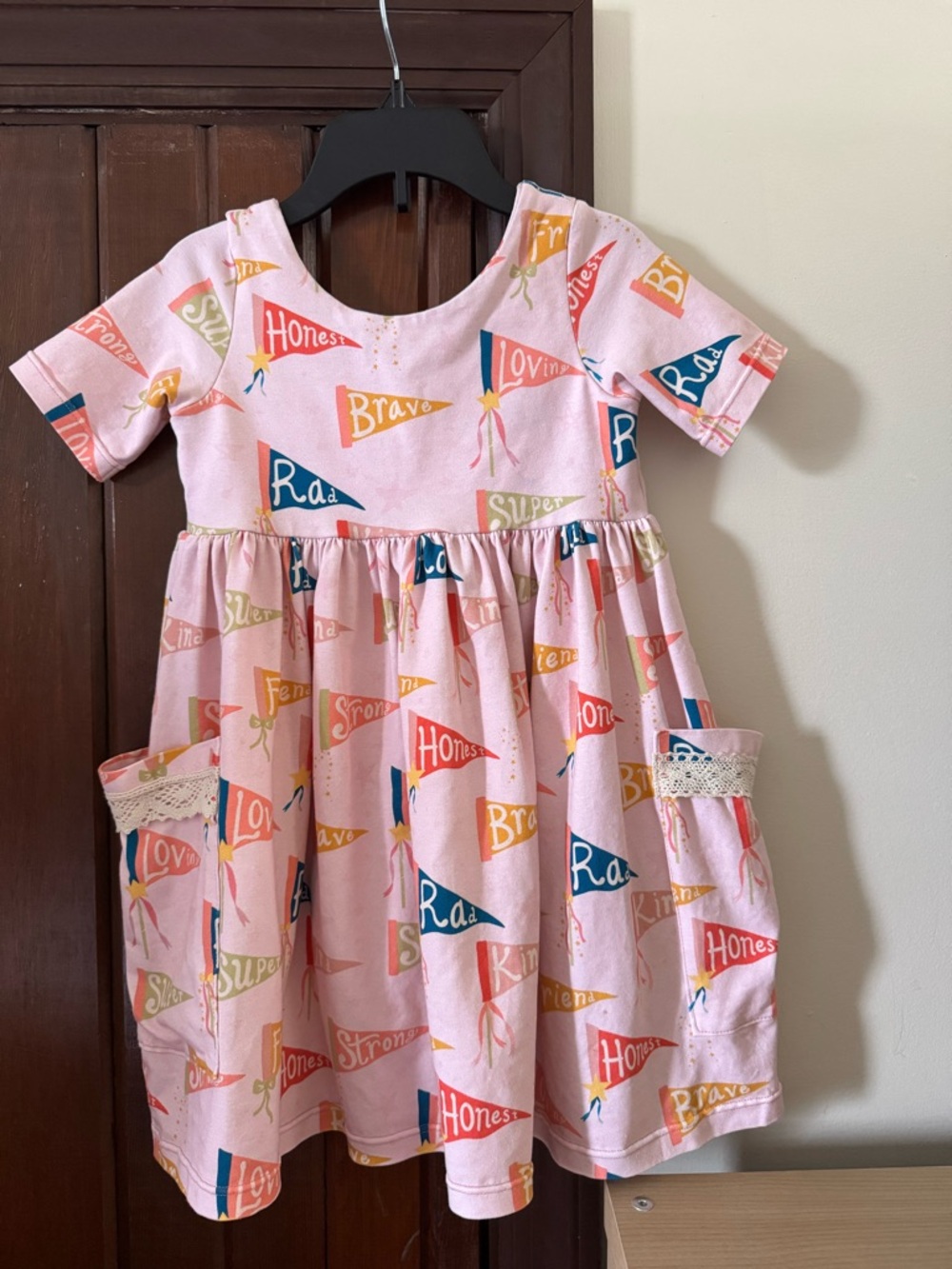 Girls' Pink Flag Positive Affirmation Print Pocket Dress